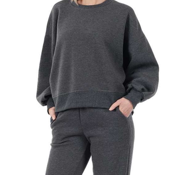 New 2 piece sweatshirt and sweatpants set charcoal dark gray balloon sleeve - Picture 6 of 9